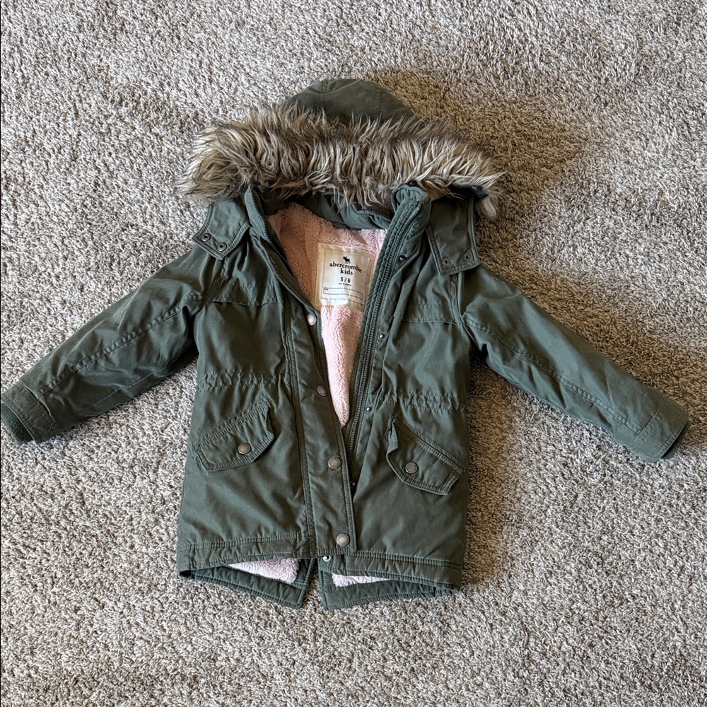 Abercrombie Kids Olive Green Puffer Coat with Faux Fur Hood